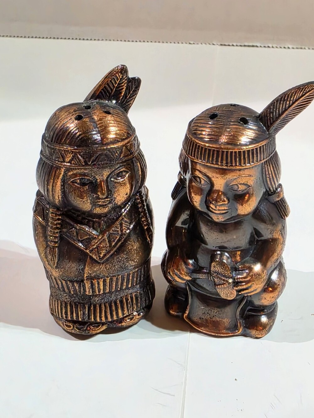 Vintage Copper Finished Native American Boy and Girl Salt and Pepper Shaker Set